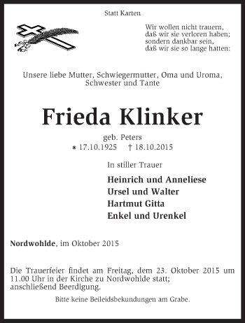 Traueranzeige von Frieda Klinker von KRZ