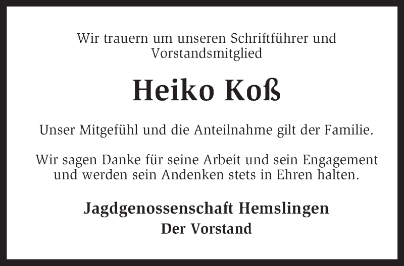  Traueranzeige für Heiko Koß vom 10.10.2015 aus KRZ