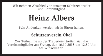 Traueranzeige von Heinz Albers von Kreiszeitung