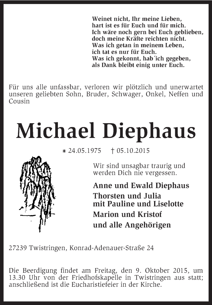  Traueranzeige für Michael Diephaus vom 08.10.2015 aus KRZ