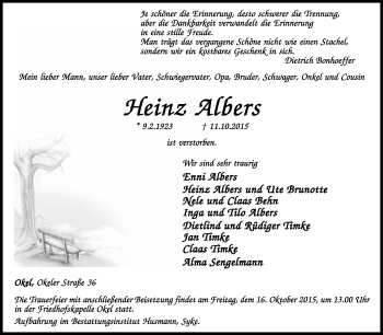 Traueranzeige von Heinz Albers von KRZ