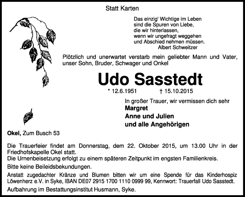  Traueranzeige für Udo Sasstedt vom 19.10.2015 aus KRZ