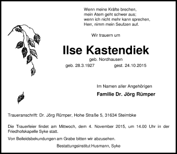 Traueranzeige von Ilse Kastendiek von KRZ