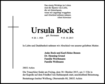 Traueranzeige von Ursula Bock von KRZ