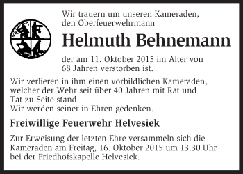 Traueranzeige von Helmuth Behnemann von KRZ