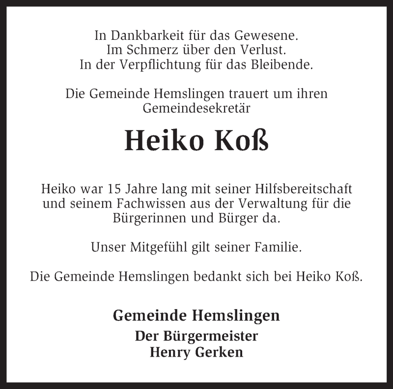  Traueranzeige für Heiko Koß vom 10.10.2015 aus KRZ