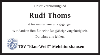 Traueranzeige von Rudi Thoms von KRZ