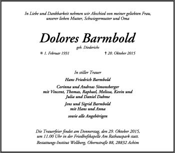 Traueranzeige von Dolores Barmbold von KRZ