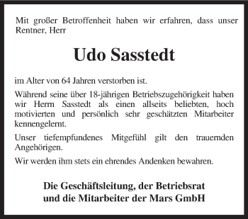 Traueranzeige von Udo Sasstedt von KRZ