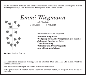 Traueranzeige von Emmi Wiegmann von KRZ