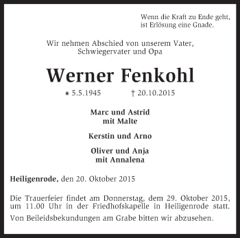 Traueranzeige von Werner Fenkohl von KRZ