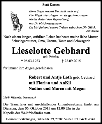 Traueranzeige von Lieselotte Gebhard von KRZ