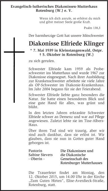 Traueranzeige von Elfriede Klinger von KRZ