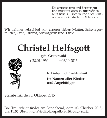 Traueranzeige von Christel Helfsgott von KRZ