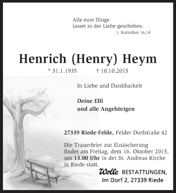 Traueranzeige von Henrich Heym von KRZ