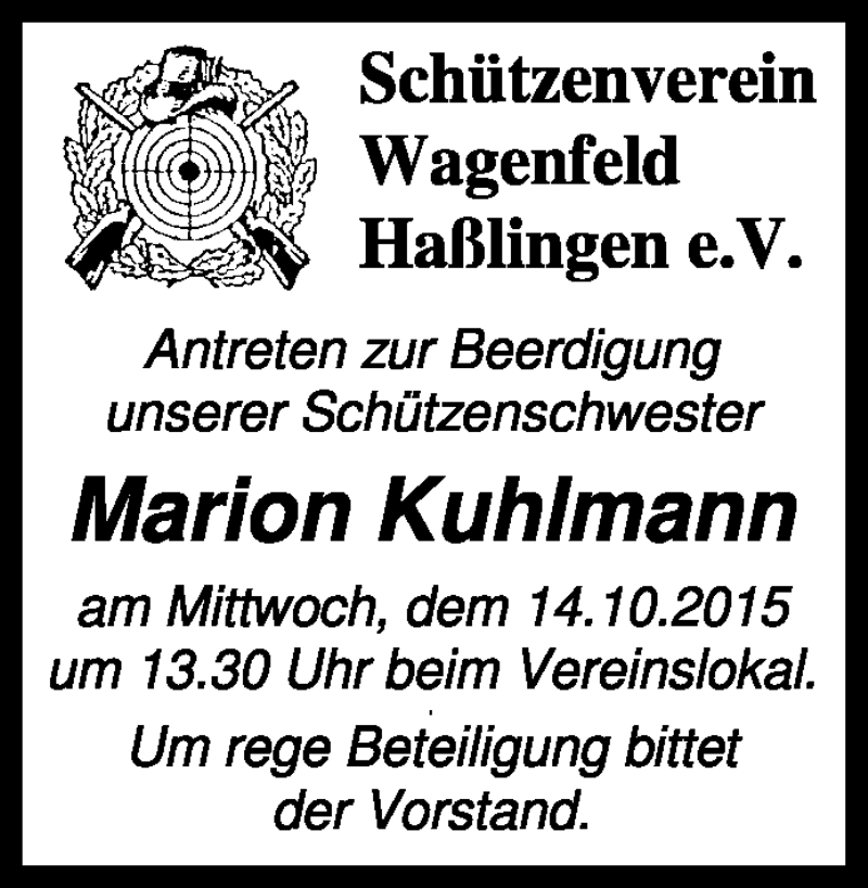  Traueranzeige für Marion Kuhlmann vom 10.10.2015 aus KRZ