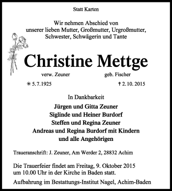 Traueranzeige von Christine Mettge von KRZ