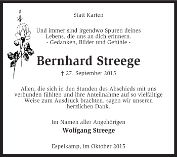 Traueranzeige von Bernhard Streege von KRZ