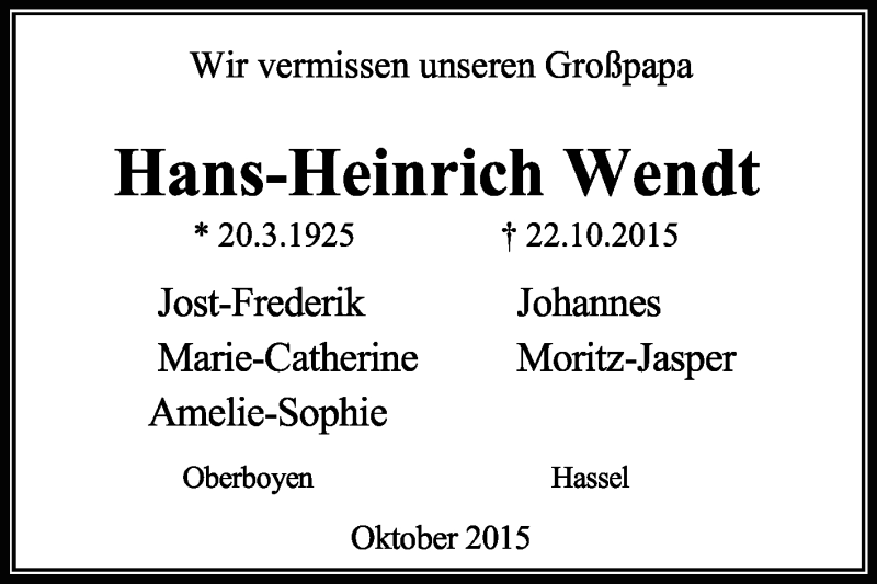 Traueranzeige für Hans-Heinrich Wendt vom 31.10.2015 aus KRZ