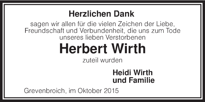  Traueranzeige für Herbert Wirth vom 31.10.2015 aus KRZ