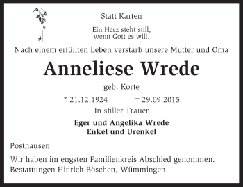 Traueranzeige von Anneliese Wrede von KRZ