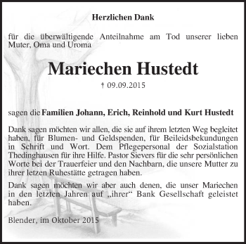 Traueranzeige von Mariechen Hustedt von KRZ