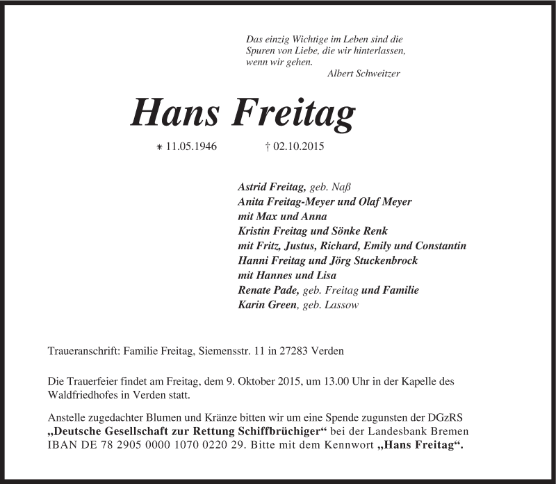  Traueranzeige für Hans Freitag vom 06.10.2015 aus KRZ