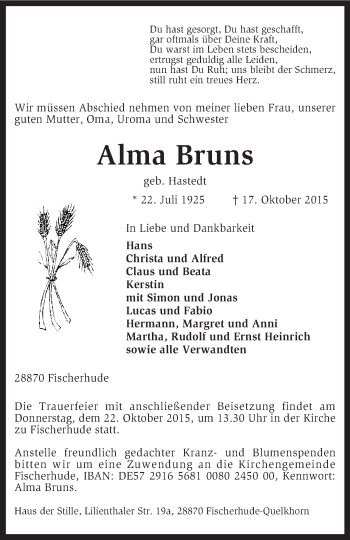 Traueranzeige von Alma Bruns von KRZ