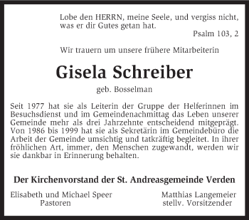 Traueranzeige von Gisela Schreiber von KRZ