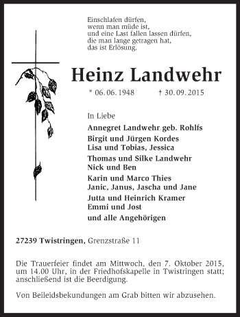 Traueranzeige von Heinz Landwehr von KRZ