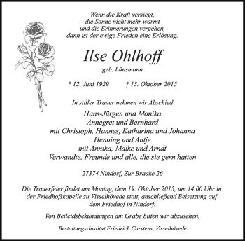 Traueranzeige von Ilse Ohlhoff von KRZ