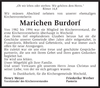 Traueranzeige von Marichen Burdorf von KRZ