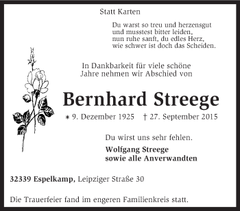 Traueranzeige von Bernhard Streege von KRZ