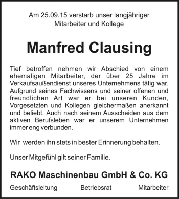 Traueranzeige von Manfred Clausing von KRZ