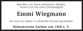 Traueranzeige von Emmi Wiegmann von KRZ