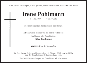 Traueranzeige von Irene Pohlmann von KRZ