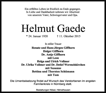 Traueranzeige von Helmut Gaede von KRZ