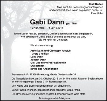Traueranzeige von Gabi Dann von KRZ