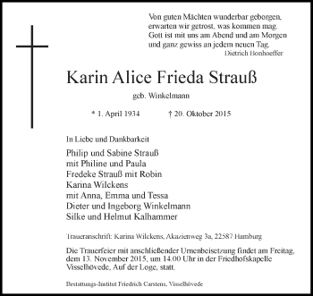 Traueranzeige von Karin Alice Frieda Strauß von KRZ