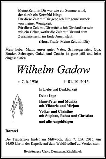 Traueranzeige von Wilhelm Gadow von KRZ