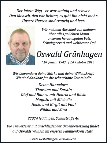 Traueranzeige von Oswald Grünhagen von KRZ