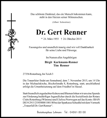 Traueranzeige von Gert Renner von KRZ