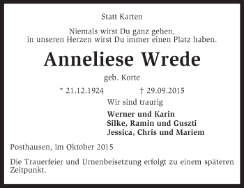 Traueranzeige von Anneliese Wrede von KRZ