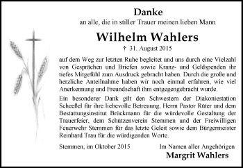 Traueranzeige von Wilhelm Wahlers von KRZ