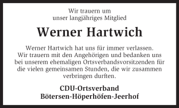 Traueranzeige von Werner Hartwich von KRZ