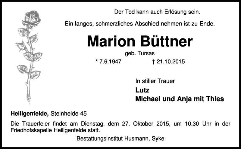  Traueranzeige für Marion Büttner vom 24.10.2015 aus KRZ
