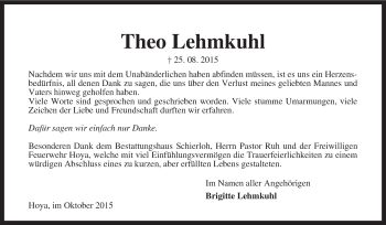 Traueranzeige von Theodor Lehmkuhl von KRZ