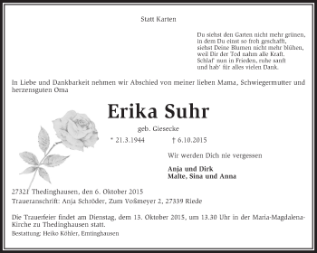 Traueranzeige von Erika Suhr von KRZ