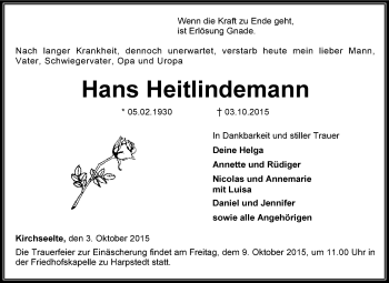 Traueranzeige von Hans Heiitlindemann von KRZ