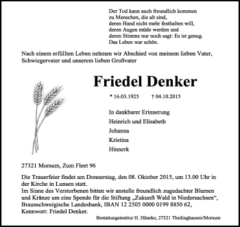 Traueranzeige von Friedel Denker von KRZ